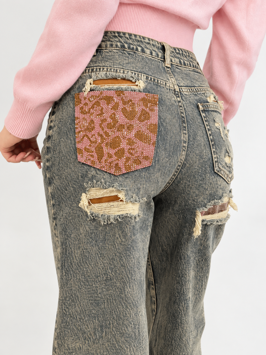 jeans swarovski tisk leopard