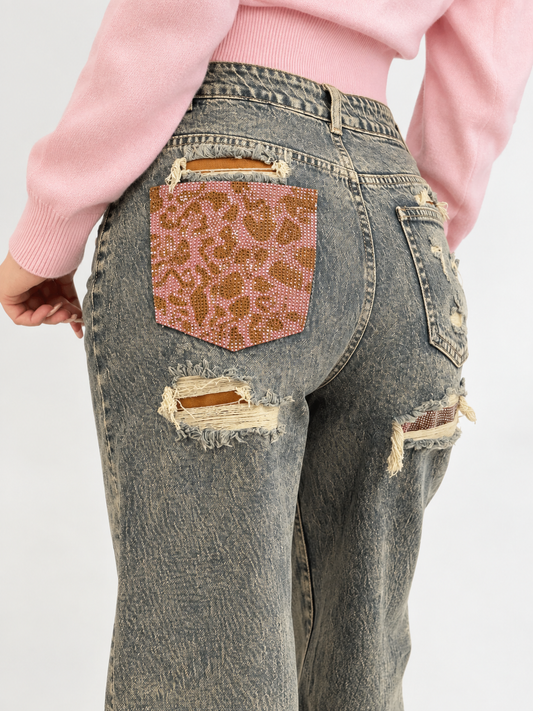 Jeans Swarovski tisk leopard