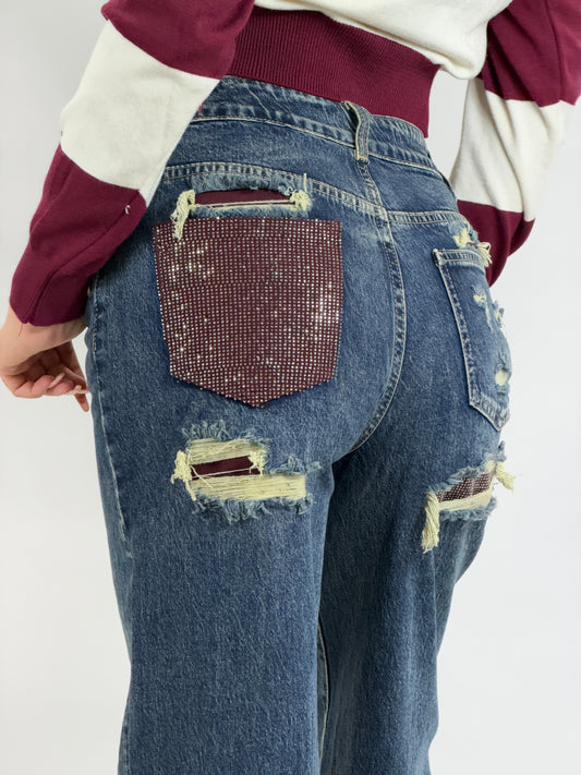 Jeans Swarovski tisk bordeaux